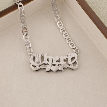 Custom Old English Double Layer Heart Name Necklace Mariner Chain