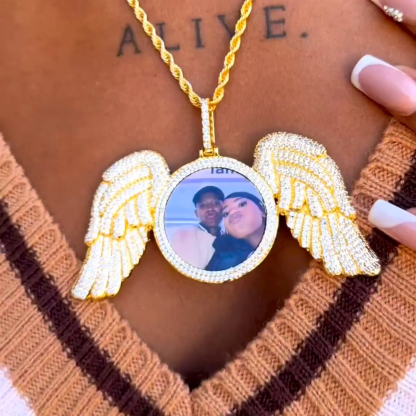 Angel Wings Round Pendant Photo Necklace Gold Plated