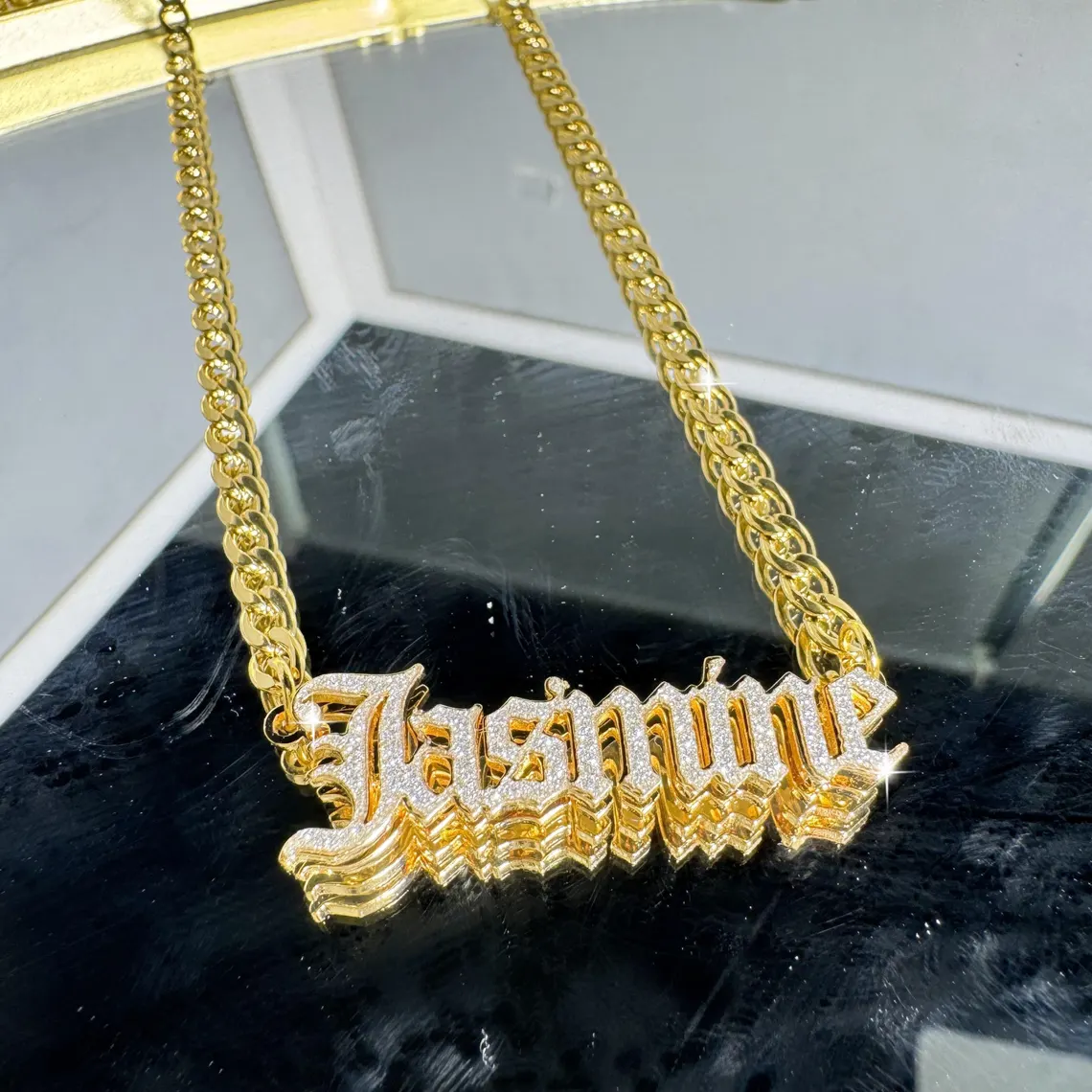 Personalized Shiny Bling Double Plate Old English Font Name Necklace
