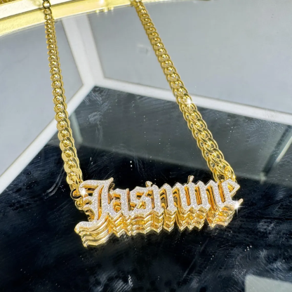 Personalized Shiny Bling Double Plate Old English Font Name Necklace