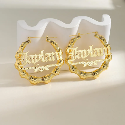 Custom Old English Name with Heart Bamboo Earrings