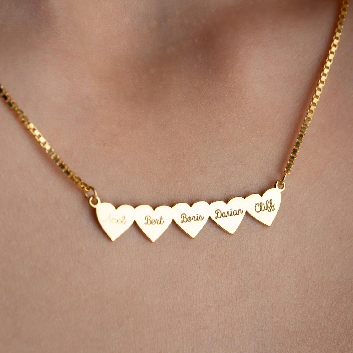 Box Chain Love Heart Family Personalized 2-6 Names Engraved Necklace