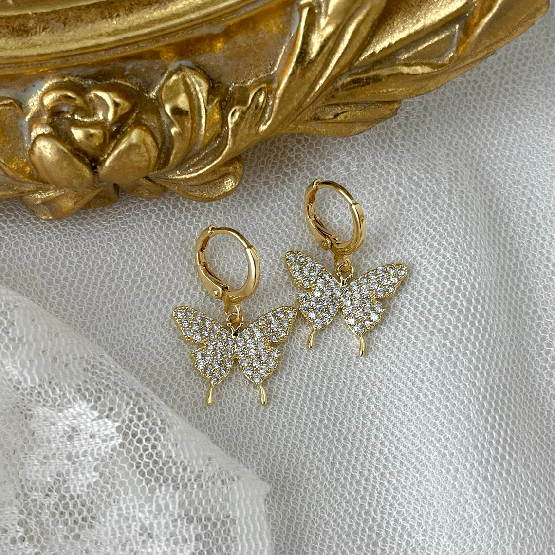 Elegant Zirconia Butterfly Pendant Huggie Earrings