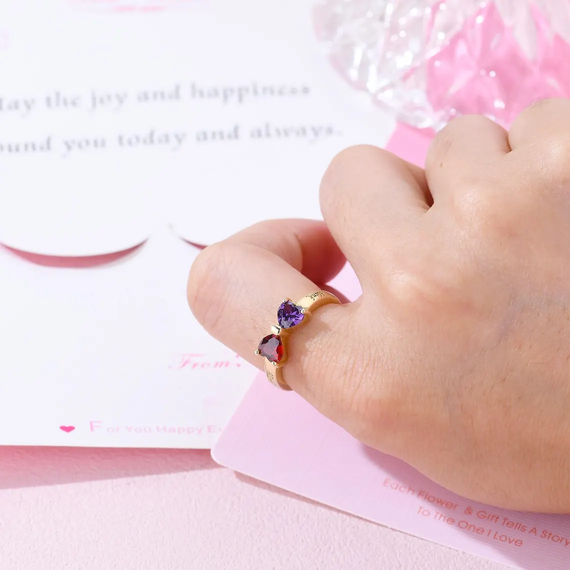 Two Love Hearts Birthstone Engraved Name Date Personalized Ring