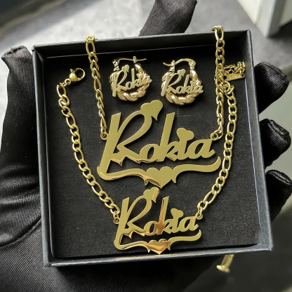 Personalized Heart Name Necklace Bracelet Twist Hoop Earrings Jewelry Set Kids Gift