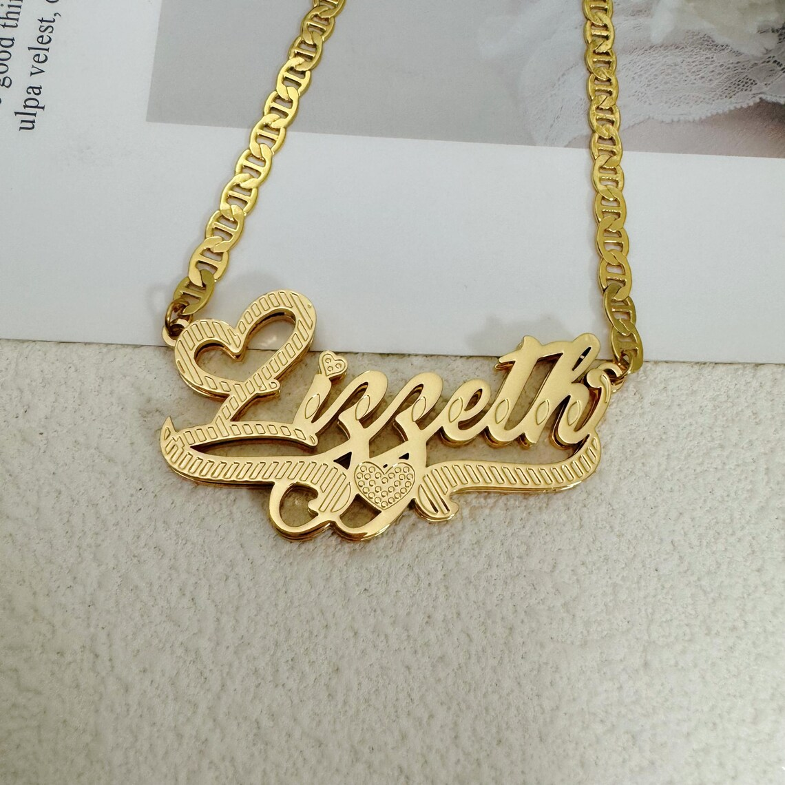 Custom Double Plate Diamond Cut Heart 3D Name Necklace