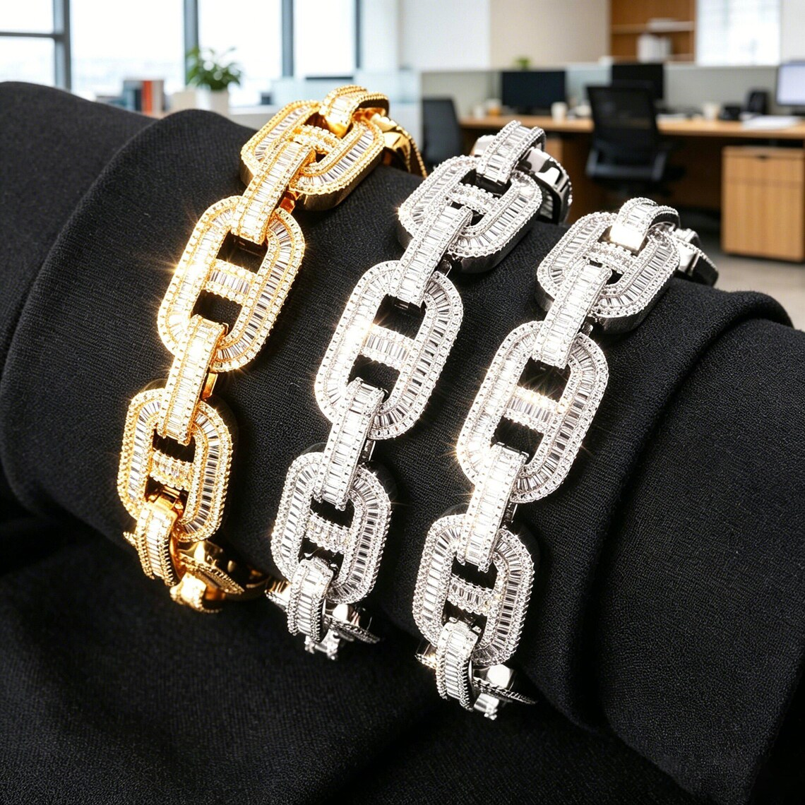 Hip Hop Iced Out Mariner Chain Baguette Cut Rectangle Cuban Link Bracelet