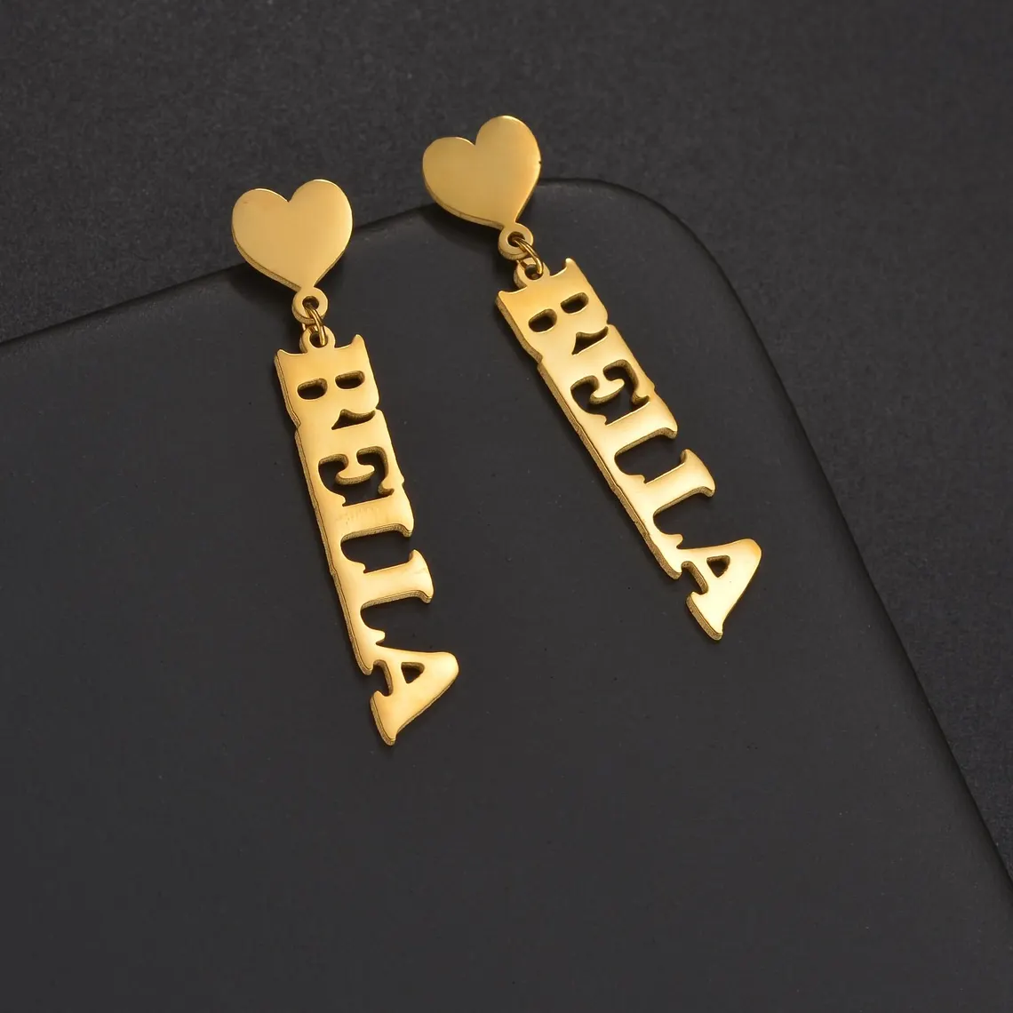 Gold Plated Love Heart Name Dangle Drop Earrings