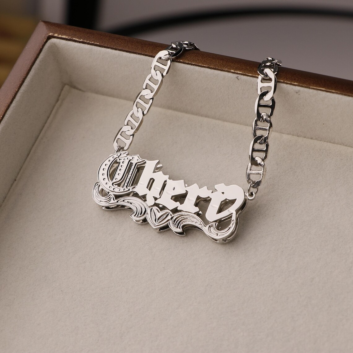 Custom Old English Double Layer Heart Name Necklace Mariner Chain