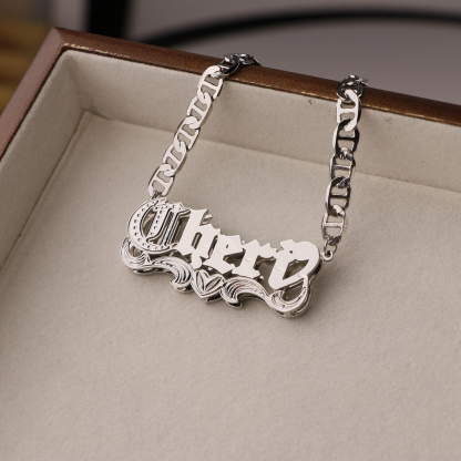 Custom Old English Double Layer Heart Name Necklace Mariner Chain