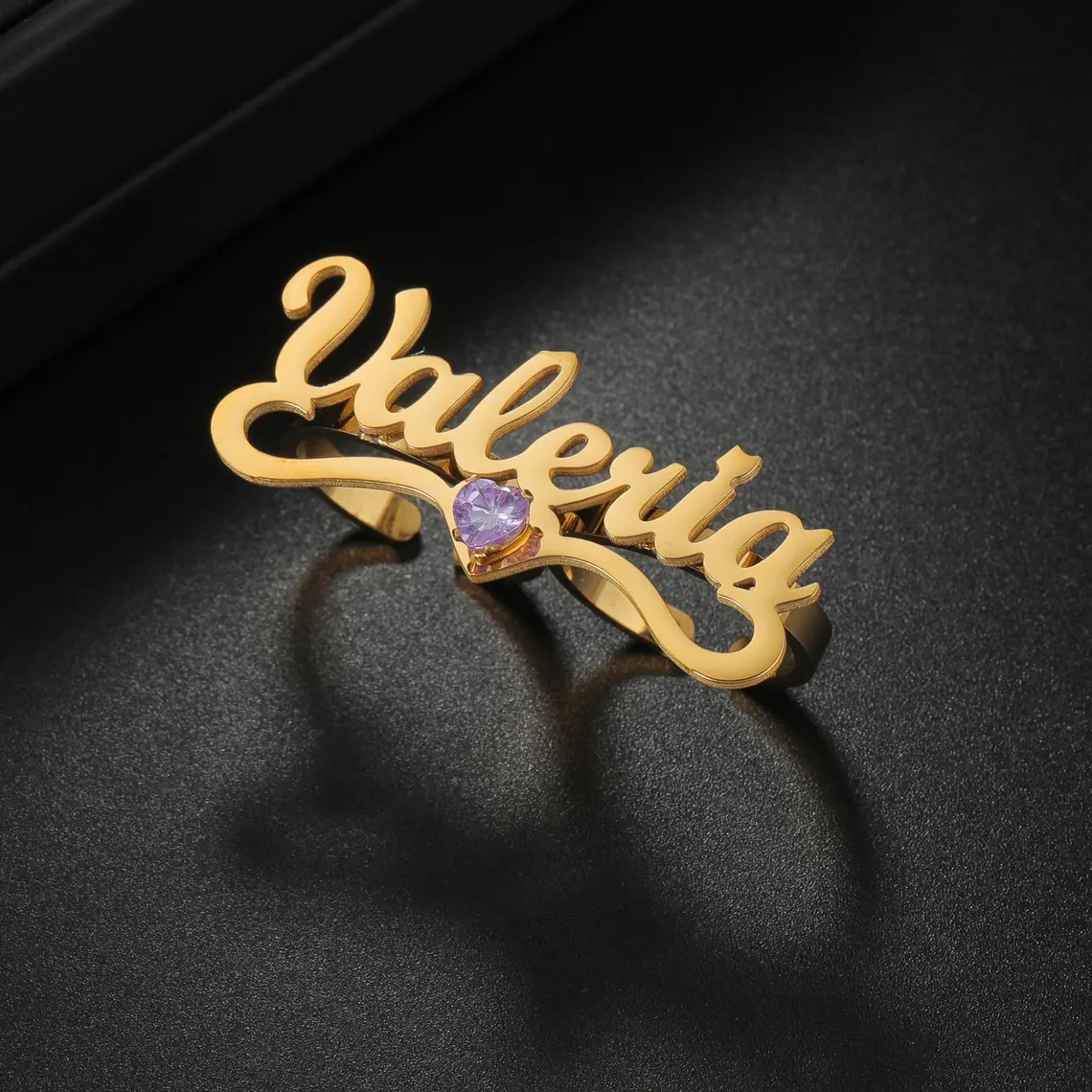 Custom Heart Birthstone Two Finger Custom Gold Plated Name Ring