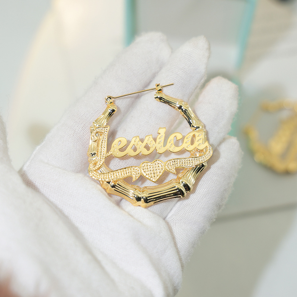 Customized Diamond Cut Heart Nameplate Bamboo Earrings