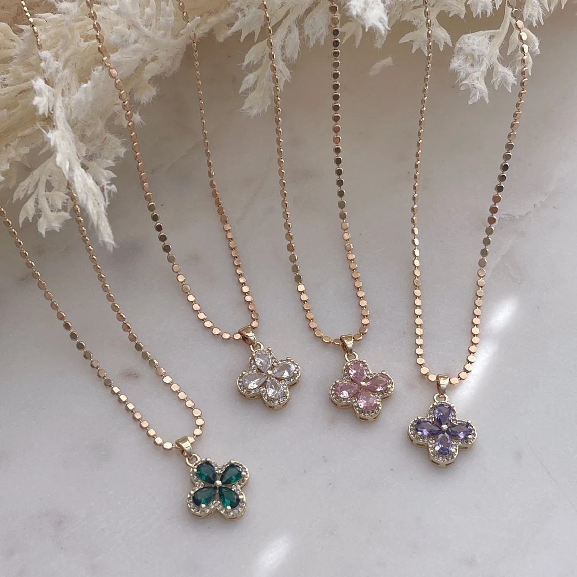 Crystal 4 Leaf Clover Lucky Charm Necklace Beads Chain