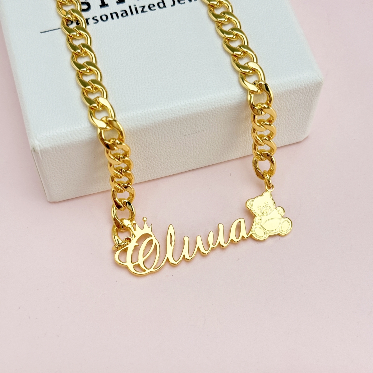 Cute Teddy Bear Name Necklace and Mini Hoop Earrings Jewelry Set