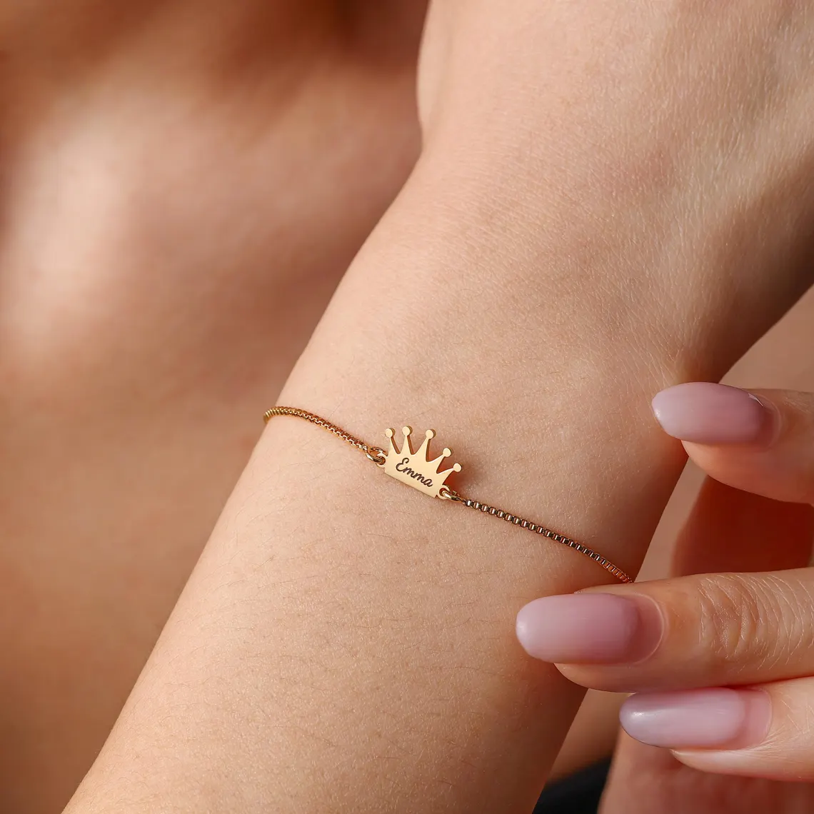Box Chain Personalized Crown Engraved Name Bracelet Gift For Kids