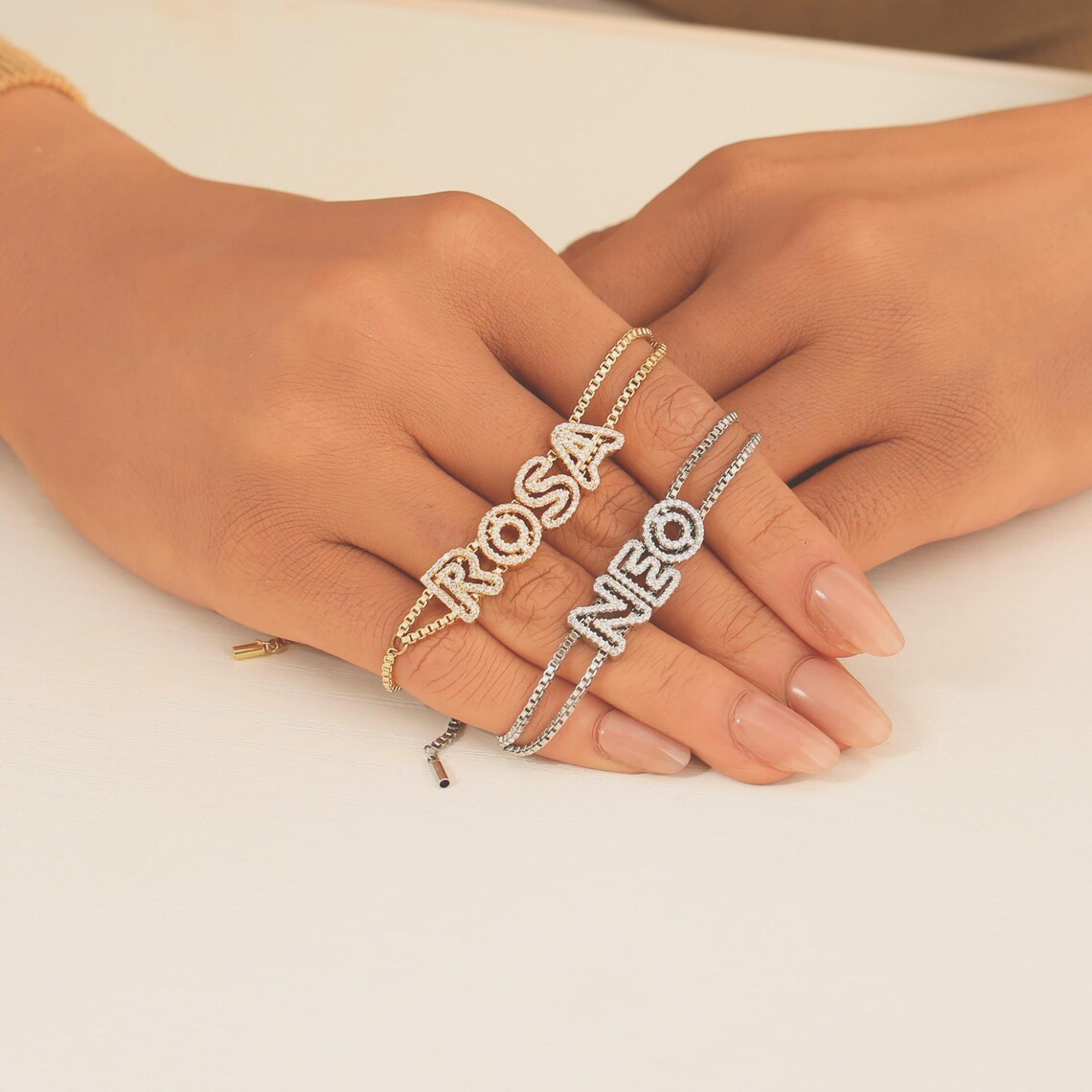 Custom Shiny Hollow Letter Diamond Cut Name Bracelet Box Chain