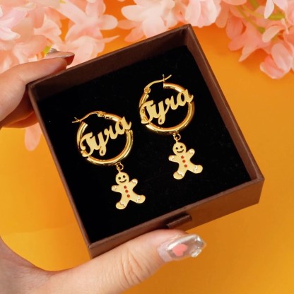 Personalized Christmas Earrings 30mm Gingerbread Man Gold Plated Hoop Name Earrings