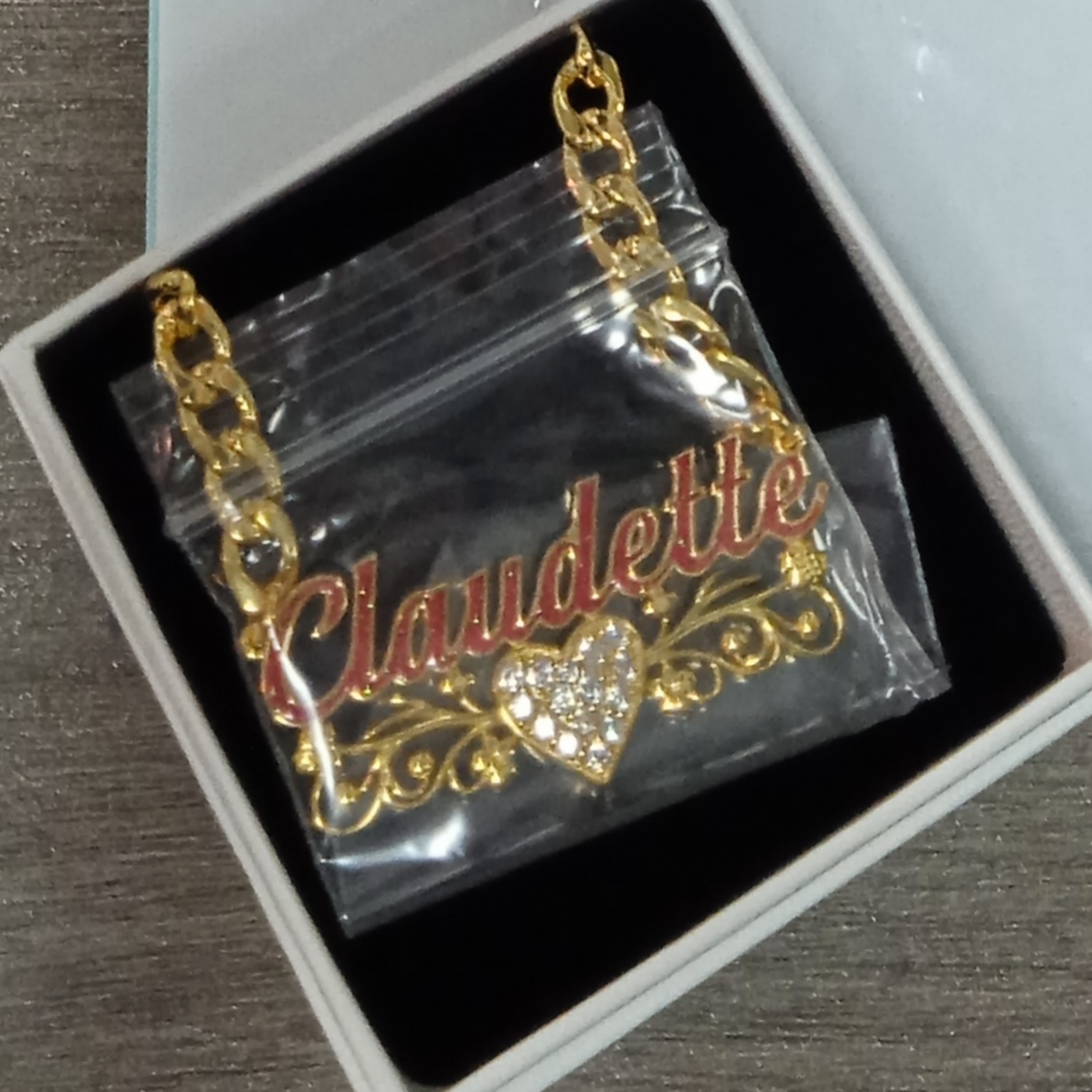 Pink Name Necklace with Diamond Heart Flower