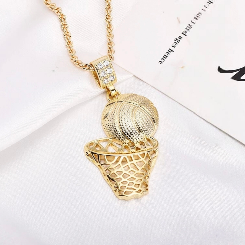 Gold Plated Basketball Pendant Necklace Basketball Hoop Pendant with Rope Chain
