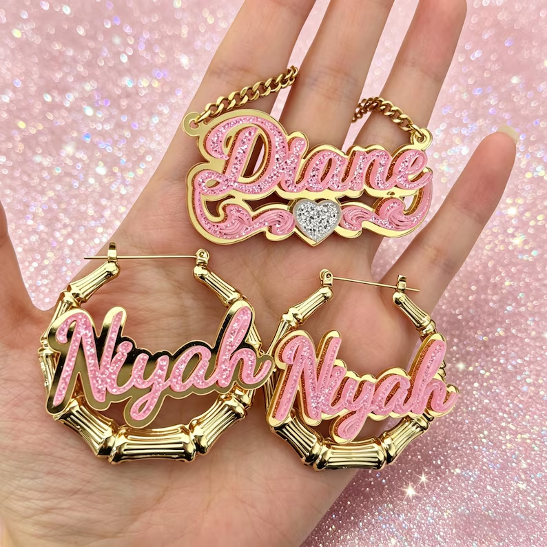 Personalized Pink Acrylic Name Jewelry Set Custom Name Necklace and Bamboo Name Earrings