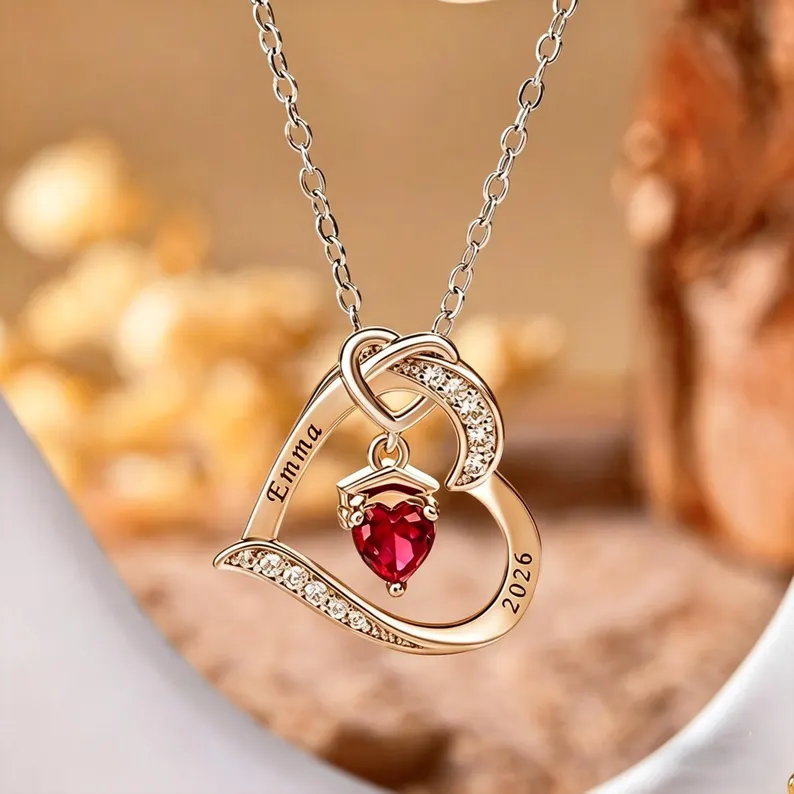 Custom Love Heart Pendant Necklace Engraved Name Necklace with Birthstone