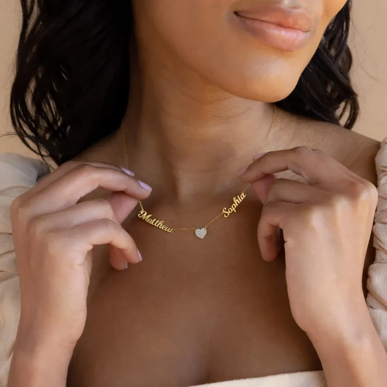 Custom Couple Two Names Necklace Diamond Heart Name Necklace