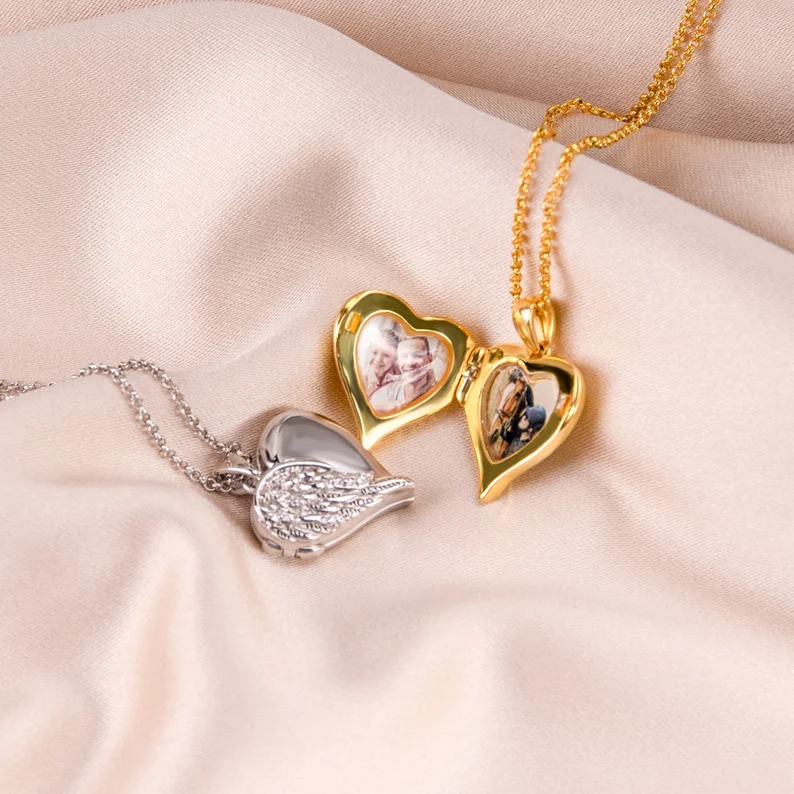Personalized Diamonds Angel Wings Heart Locket Necklace Custom Photo Necklace