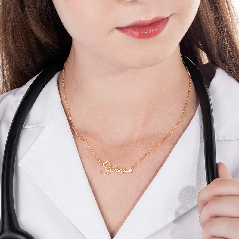 Personalized Custom Stethoscope Name Necklace with Heart