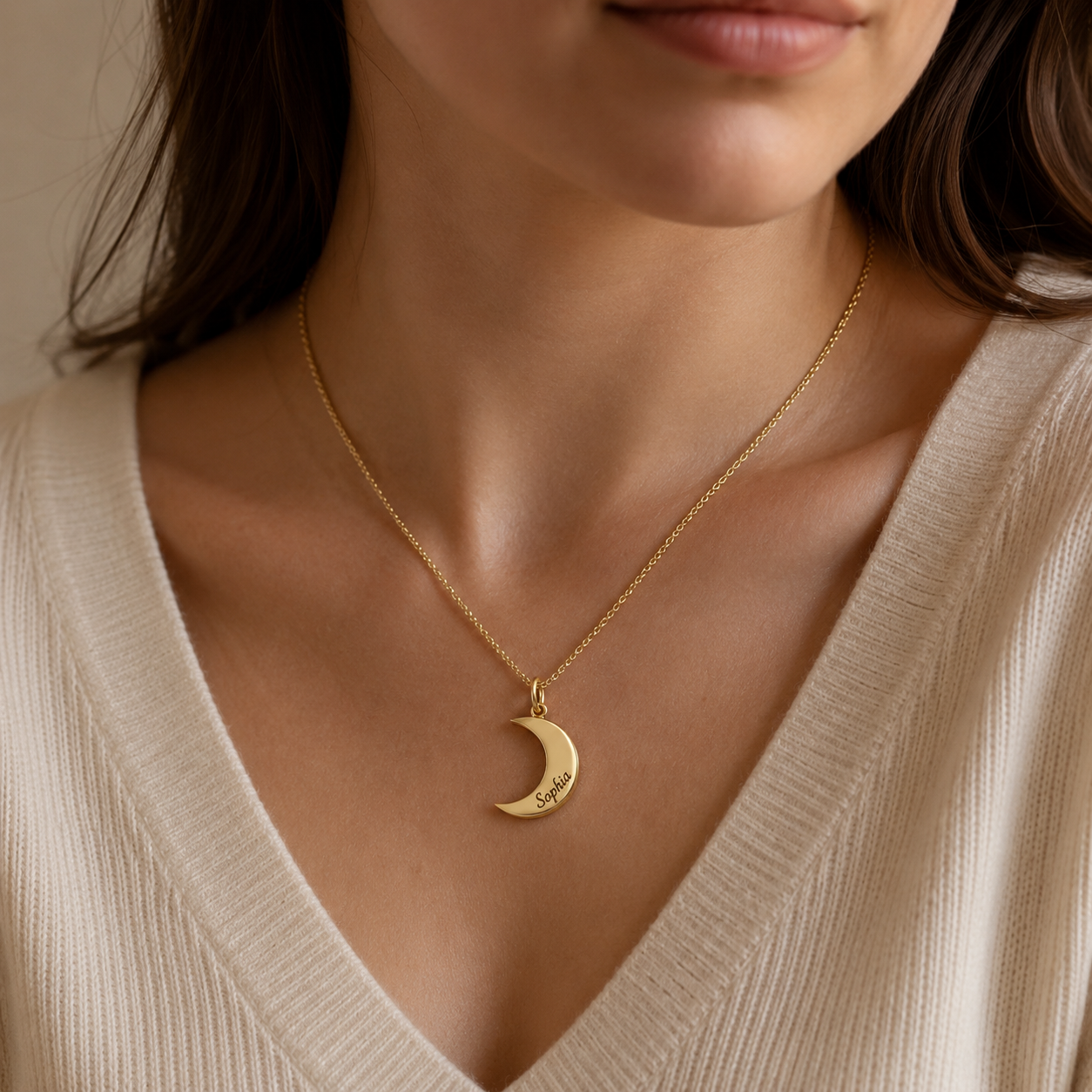 14k Gold Plated Moon Necklace Engraved Name Necklace 