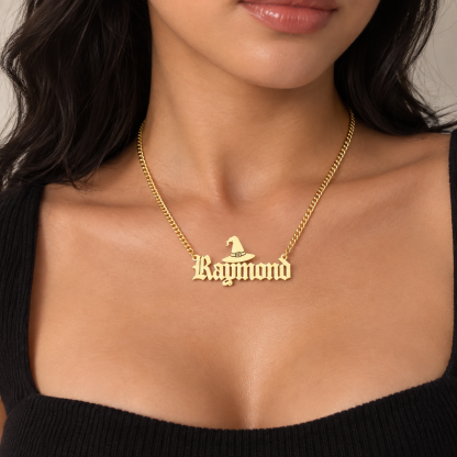 Witch Hat Nameplate Necklace Personalized Gold Plated Name Necklace
