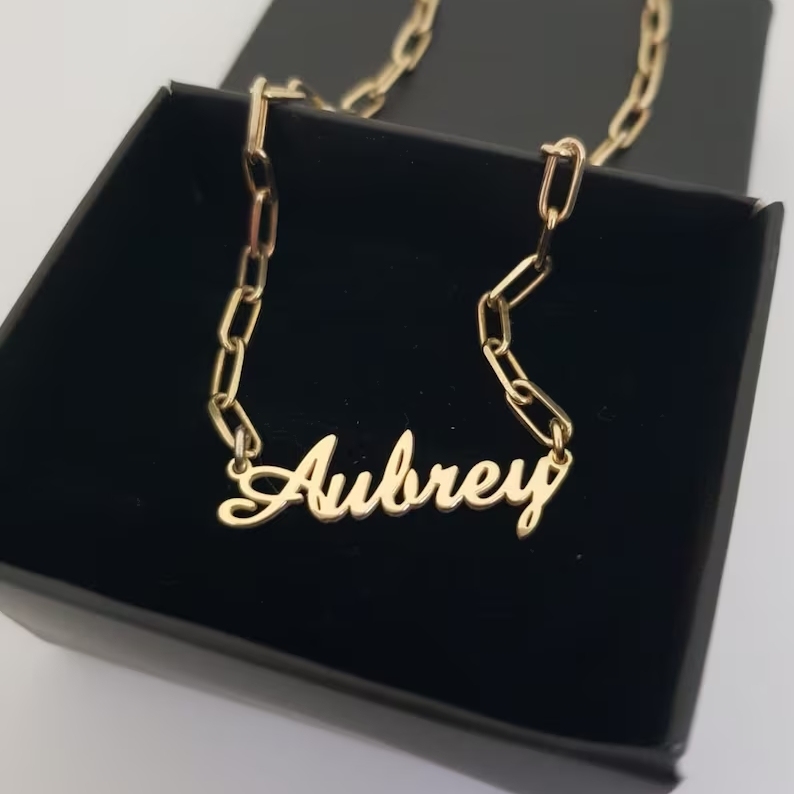 Gold Plated Name Necklace With Paper Clip Chain Personalized Name Necklace