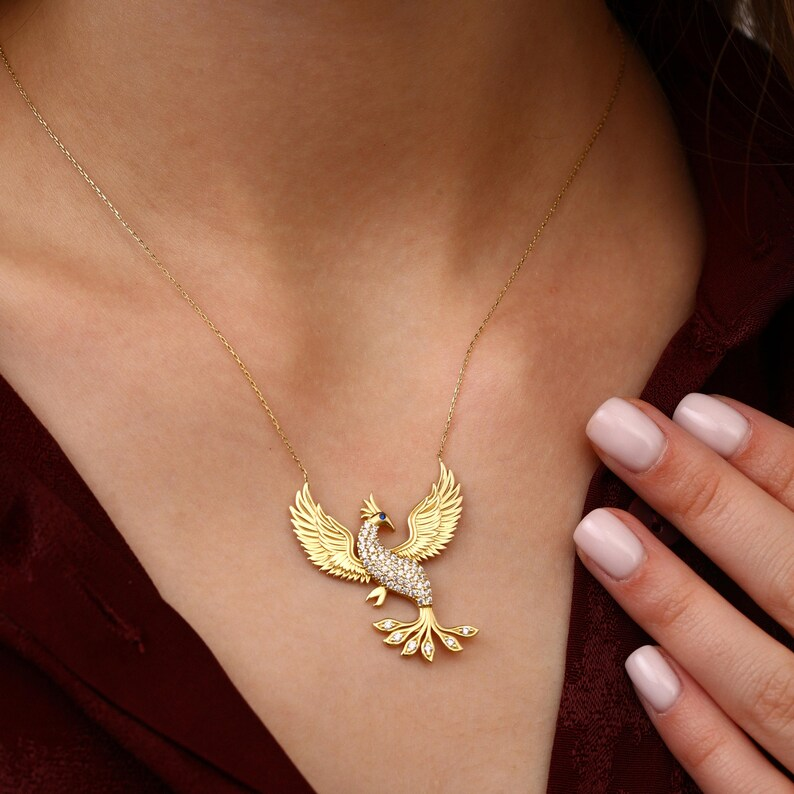 14K Gold Plated Phoenix Necklace with CZ Stones For Her