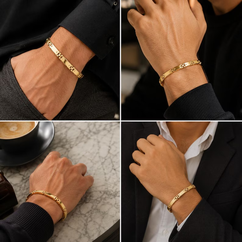 14k Gold Plated Men's Geometric Link Bracelet
