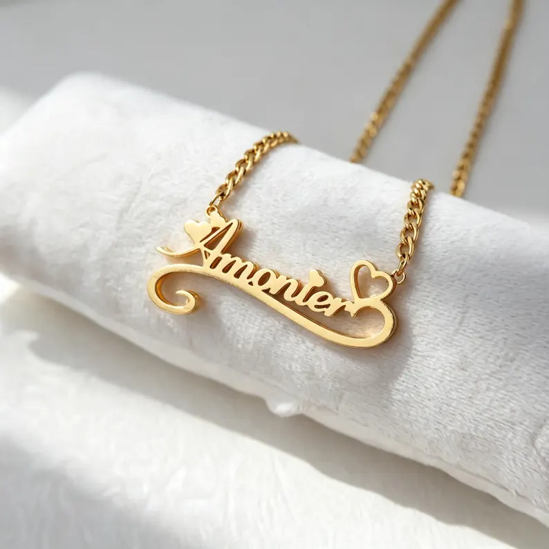 Gold Plated Custom Heart Name Necklace Personalized Doule Plated Name Necklace