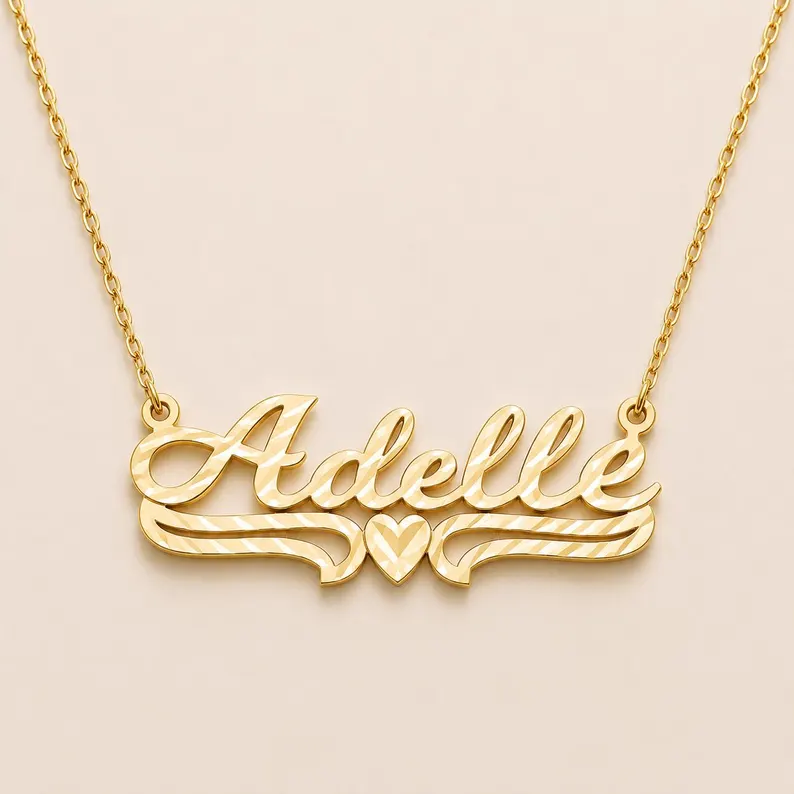 Diamond Cut Heart Name Necklace Gold Plated Custom Name necklace