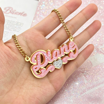 Personalized Pink Acrylic Name Jewelry Set Custom Name Necklace and Bamboo Name Earrings