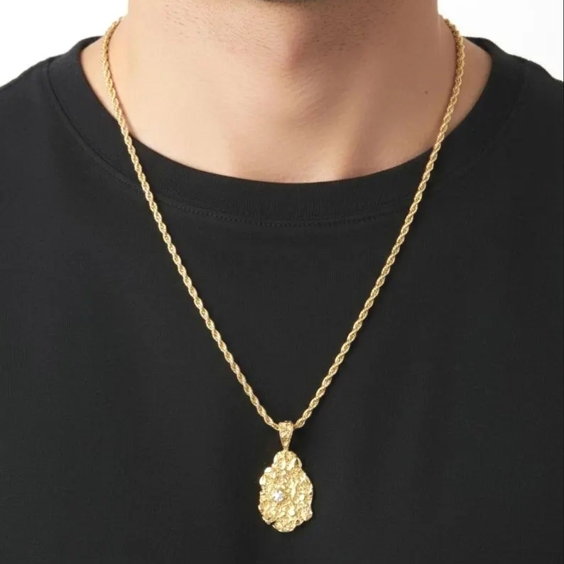 14k Gold Plated Nugget Vintage Charm Pendant CZ Stone Necklace 