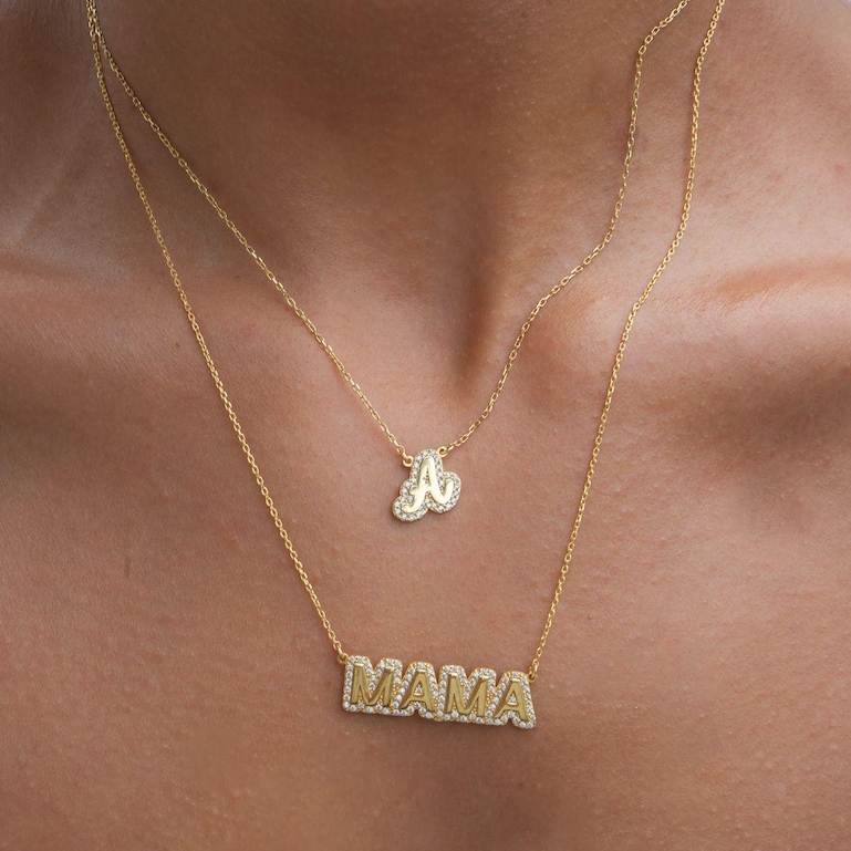 Bling CZ Stone Initial Necklace And Zircon Name Necklace Two Piece Set