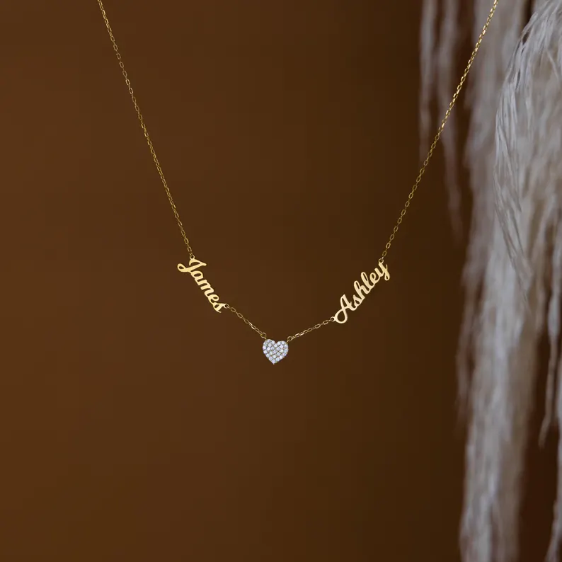 Custom Couple Two Names Necklace Diamond Heart Name Necklace