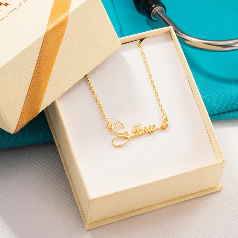 Personalized Custom Stethoscope Name Necklace with Heart