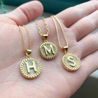 Custom Initial Letter Pendant Necklace Gold Plated Round Initial Necklace with Diamond