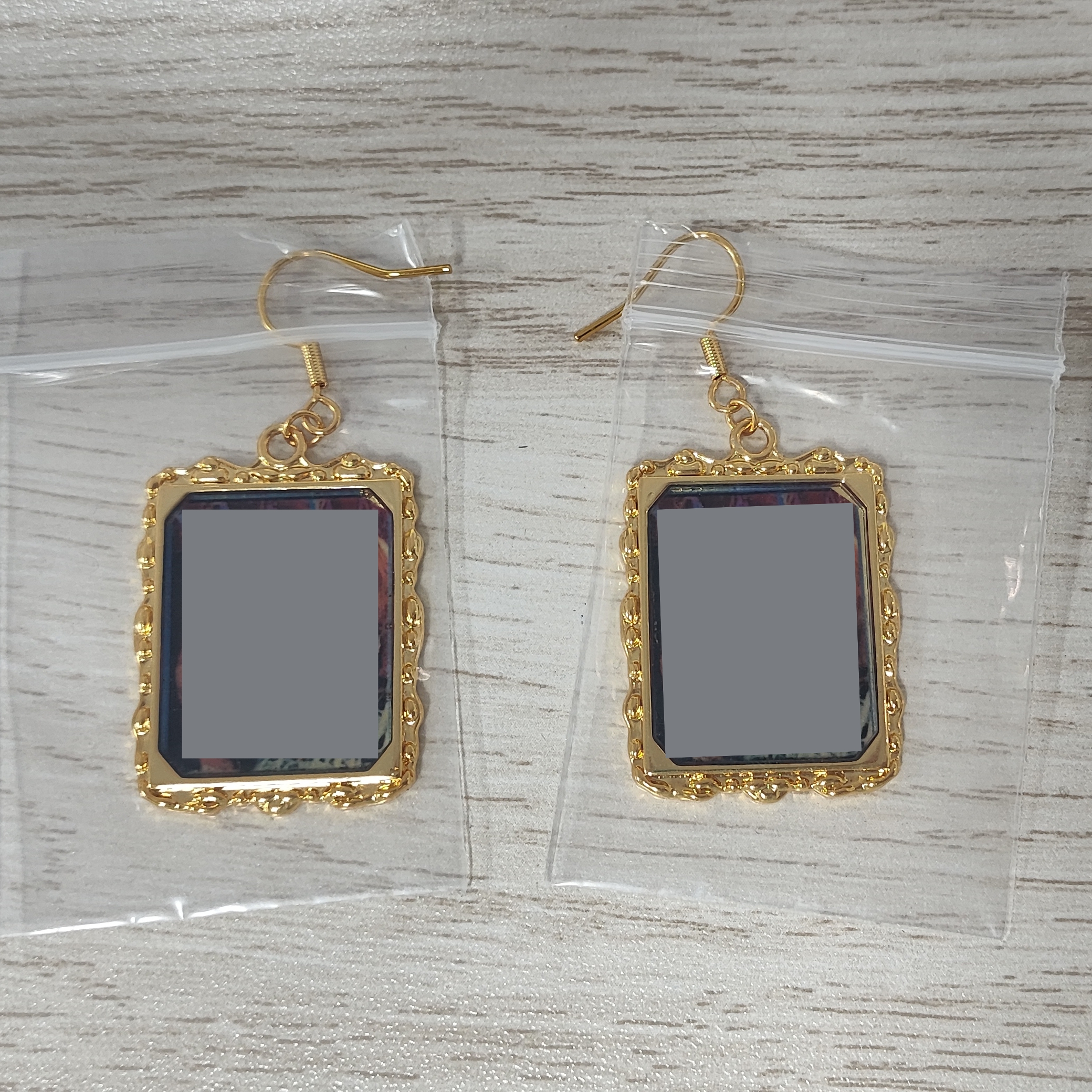 Gold Plated Custom Square Photo Dangle Earrigs Vintage Style