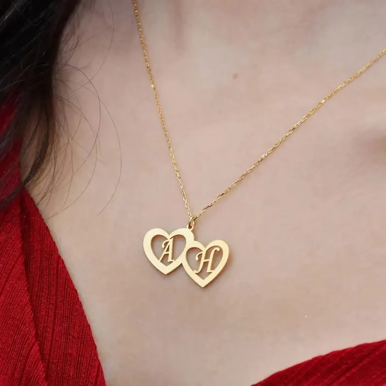Personalized Gold Plated Two Heart Initial Necklace
