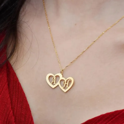 Personalized Gold Plated Two Heart Initial Necklace