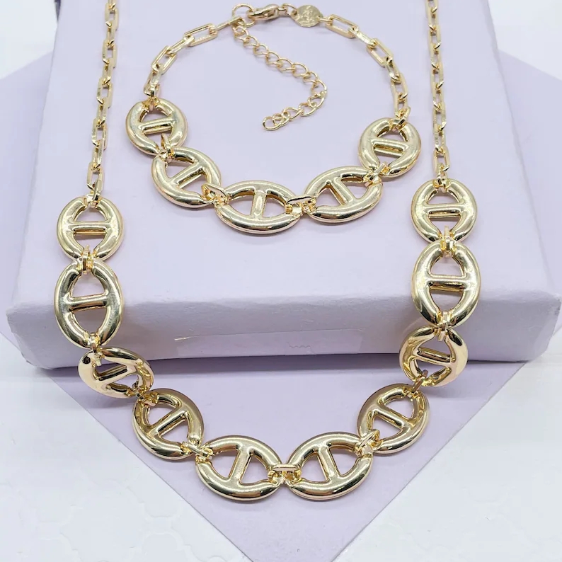 Puffy Mariner Link Chain Set Necklace and Bracelet