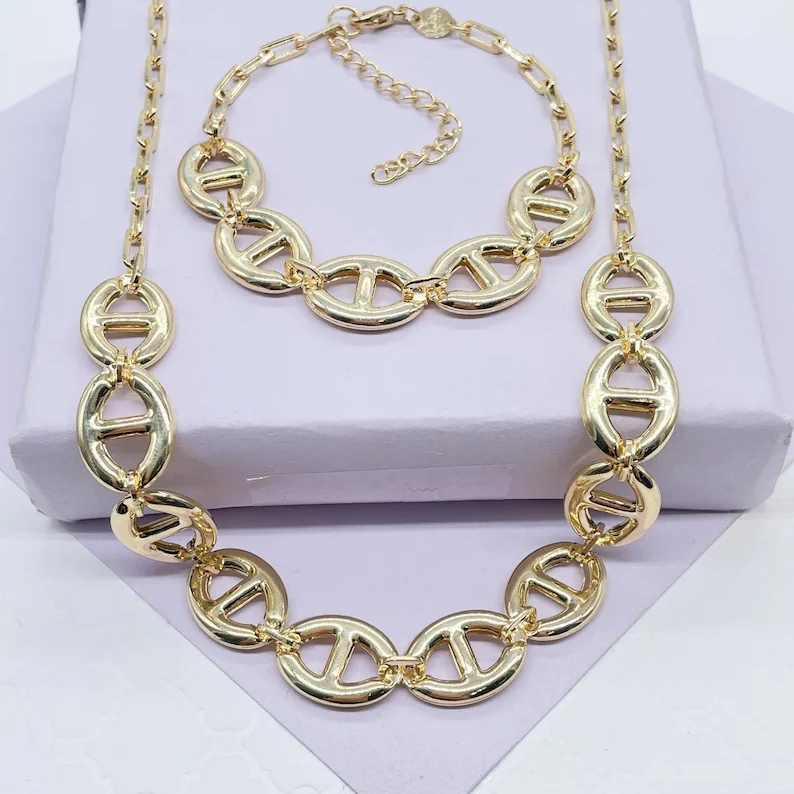 Puffy Mariner Link Chain Set Necklace and Bracelet
