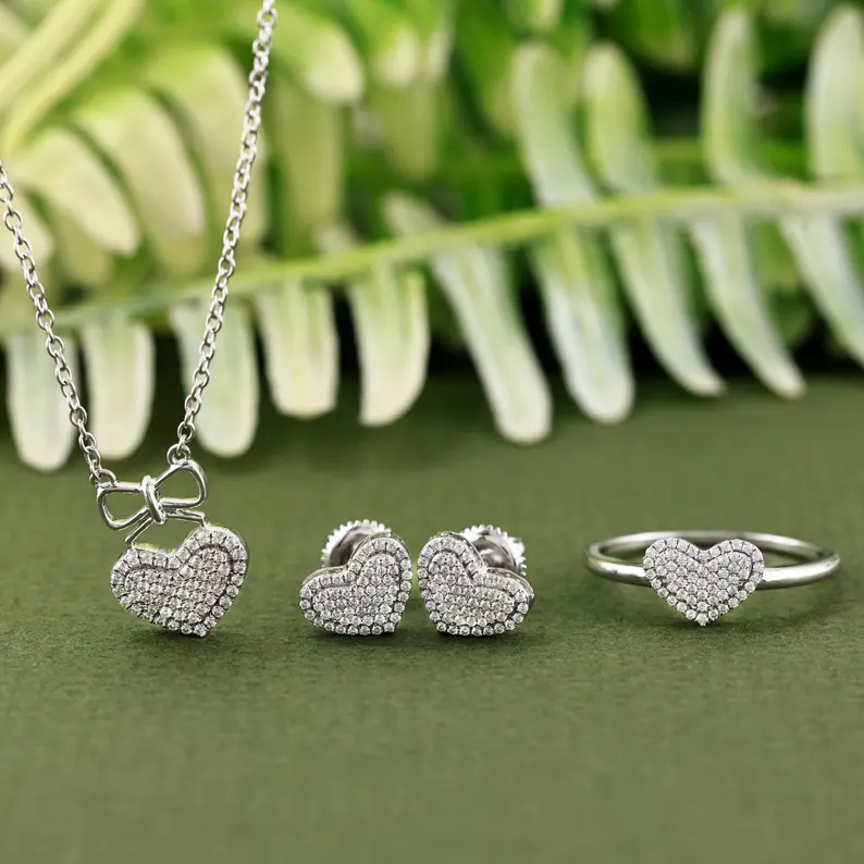 Shiny Bling CZ Stone White Gold Heart Pendant Set Necklace Ring And Stud Earrings
