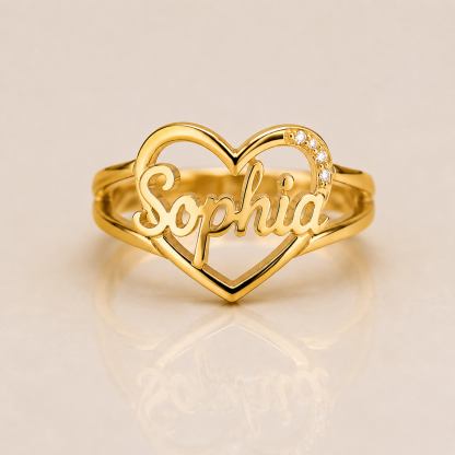Bling CZ Heart-shaped Name Ring Gold Plated Personalized Custom Name Ring