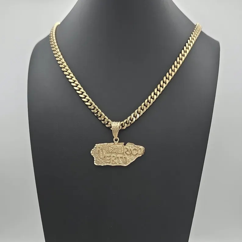 Gold Plated Puerto Rico Pendant Necklace Cuban Link Chain Necklace