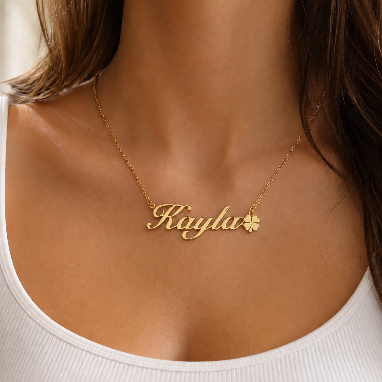 Four Leaf Clover Name Necklace Gold Plated Personalized Flower Nameplate Necklace